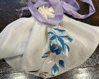 Hankerchief sachet bag, repurposed, upcycled, large bag drawstring pouch sewn from embroidered white vintage hankerchief