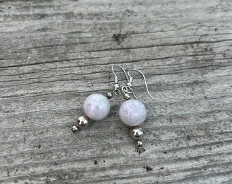 Earrings, dangling, paisley lavender balls, silver beads