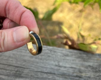Earrings, hoop, stud post, black enamel and gold tone ear rings