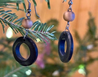 Earrings, dangling, wood hoops and beads
