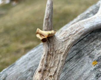 Ring, bamboo, Chunky gold tone metal ring adjustable