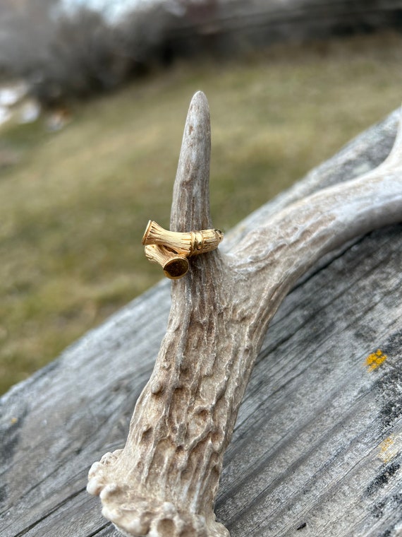 Ring, bamboo, Chunky gold tone metal ring adjustab