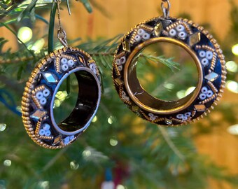 Earrings, dangling, mosaic Mandala, circular