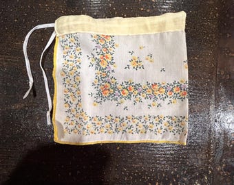 Hankerchief sachet bag, repurposed, upcycled, medium drawstring pouch sewn from vintage floral print hankerchief