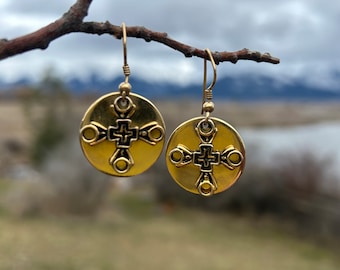 Earrings, Greek cross, dangling, gold tone