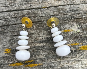 Earrings, Dangling, post stud, stacked white beads