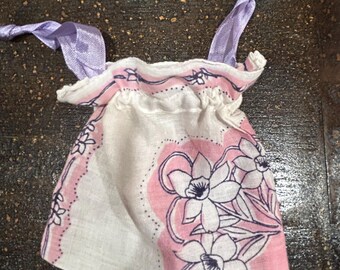 Hankerchief sachet bag, repurposed, upcycled, medium drawstring pouch sewn from vintage floral print hankerchief