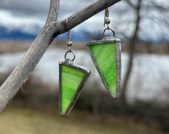 Earrings, dangling, Green stained glass