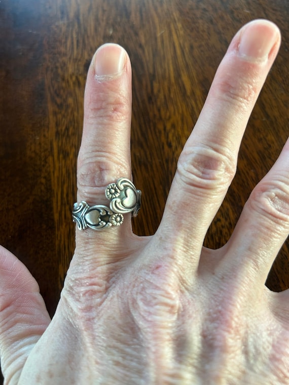 Ring, silver, double hearts wrap around ring, adj… - image 1