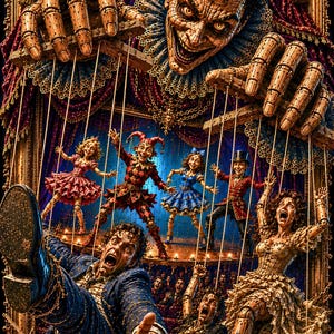 May include: A large wooden puppet master with a ruffled collar looms over a stage, controlling several smaller marionettes including a jester, a woman in a blue dress, and a man in a red coat, while two distressed figures are suspended by strings.