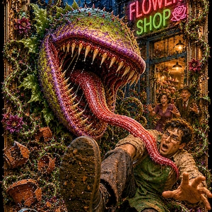 May include: A vibrant, detailed illustration depicts a monstrous plant with a large mouth and a long red tongue, attacking a man. The scene is set in front of a flower shop with neon signage. The artwork is framed with ornate gold detailing.