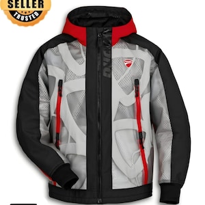 May include: A black, white, and red Ducati motorcycle jacket with a hood. The jacket features a full-length zipper, red accents, and the Ducati logo on the chest. The sleeves and shoulders are black.