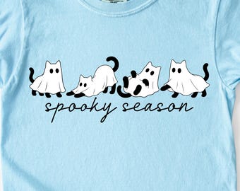 Comfort Colors® Halloween Shirt, Spooky Season Cat Ghost Tee, Garment Dyed Vintage T-Shirt