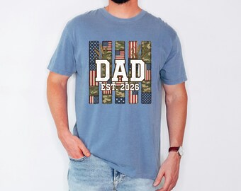 Dad Est 2026 Shirt, Faux Patchwork American Flag Tee, Country Camo Dad Gift