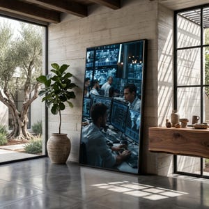 May include: A large rectangular framed wall art piece featuring a high-resolution digital print of a busy office environment with multiple computer monitors displaying data and individuals working at their desks in a professional setting.