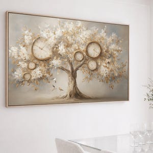 Timeless Blossom Tree Canvas, Clock Art Wall Decor, Floral Branches with Clocks, Neutral Tones Canvas, Modern Home Decoration
