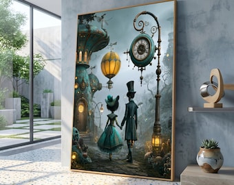 Può includere: Una stampa artistica da parete incorniciata che raffigura una scena fantasy con due figure in abiti vittoriani che camminano lungo un sentiero acciottolato. La scena presenta un alto palo dell'orologio color ottanio, una mongolfiera gialla.