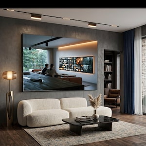 May include: A large rectangular wall mirror with a dark frame reflects a living room interior featuring a long wooden table, two people, and a television screen. The mirror is mounted on a grey wall above a cream-coloured sofa and a black coffee table.