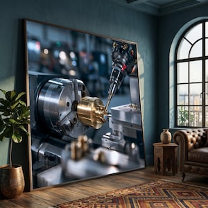 Precisions-CNC-fräsmaskin, duk för industriell metallbearbetning, modern väggdekor för ingenjörskonst, duk för metallisk verkstad, teknologi