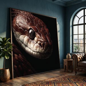 May include: A framed print showing a close-up of a snake's head. The snake has brown and tan scales, a dark eye, and a textured appearance. The artwork is displayed in a room with a rug, a leather armchair, and a window.