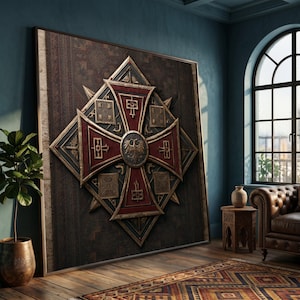 May include: A large square wall art piece featuring a central red and gold cross emblem with a circular eagle crest. The design is layered over a dark, textured background with intricate geometric patterns and metallic accents in a deep frame.