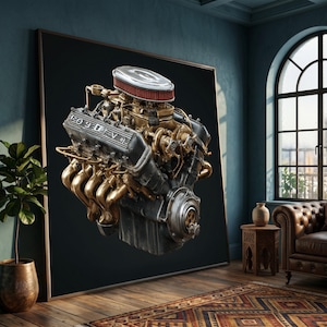 May include: A framed artwork featuring a detailed depiction of a V8 engine. The engine is rendered in metallic gold and silver tones, with a red air filter. The artwork is displayed in a room with a dark teal wall and a patterned rug.