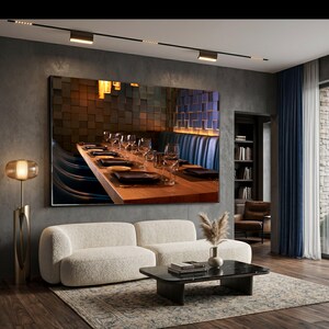 Può includere: Un moderno soggiorno con una grande immagine incorniciata di una sala da pranzo di un ristorante. L'immagine mostra un lungo tavolo di legno apparecchiato con piatti, bicchieri e tovaglioli. Un divano color crema e un tavolino nero sono di fronte all'immagine.