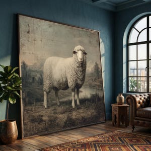 Könnte beinhalten: Großformatige, gerahmte Kunstwerk mit einem Schaf auf einer Wiese. Das Kunstwerk hat eine Vintage-Ästhetik mit gedämpften Tönen von Grau, Beige und Braun. Das Schaf ist der Mittelpunkt, mit einer detaillierten Darstellung seines wolligen Fells.