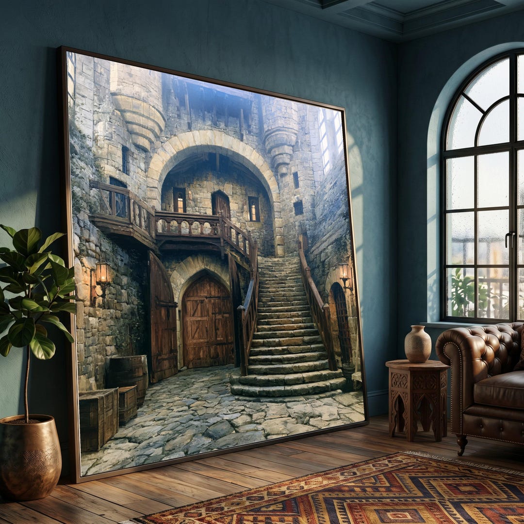 Rustic Medieval Images Rustic Medieval Castle Interior Canvas, Stone Staircase Wall Art ...
