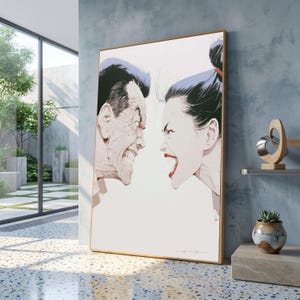 May include: A rectangular wall art print featuring a stylized illustration of a man and a woman facing each other in profile. Both figures have dark hair and are depicted with intense, open-mouthed expressions against a plain white background.