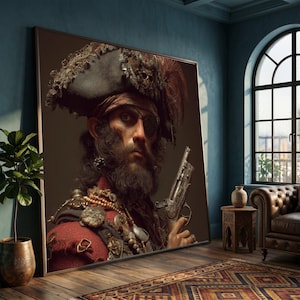 Puede incluir: Retrato enmarcado de un pirata con expresión severa. El pirata lleva un sombrero de tres picos, un parche en el ojo y ropa adornada. Sostiene una pistola. El retrato se exhibe en una habitación con una alfombra y muebles de cuero.
