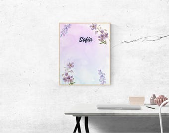 Personalizado nursery name sign,custom floral baby girl wall art,purple wetercolor flowers,digital download 8×10