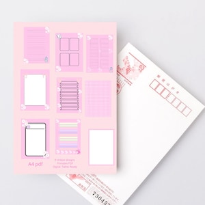 Puede incluir: Un diseño rosa A4 PDF listo para tableta digital con varios diseños, incluyendo páginas con líneas, cuadros y un patrón de cuadrícula. Una postal blanca con texto japonés y un sello.