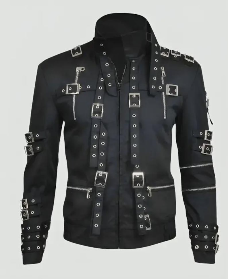 Rock Performance Jacket MJ Metal Rock Concert Jacket Black Buckle Strap Biker Jacket Retro Bad ...