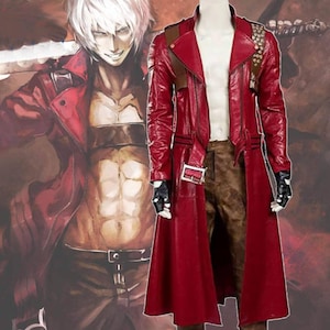May include: A red leather trench coat with a notched collar, brown shoulder straps, and a belt. The coat has a long, flowing design and is paired with brown pants and black gloves. The background features a character illustration.