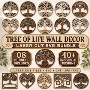 Puede incluir: Una colección digital de diseños de árbol de la vida cortados con láser que presenta patrones de decoración de pared de madera circulares, en forma de corazón y rectangulares. El texto dice TREE OF LIFE WALL DECOR, LASER CUT SVG BUNDLE, 08 BUNDLES INCLUDED, 40+ INDIVIDUAL DESIGNS y LASER CUT FILES SVG DXF EPS PNG.