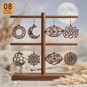 Boho Ohrring SVG Bundle, 8 Mond Lotus Evil Eye Mandala Laser Cut Designs Dateien