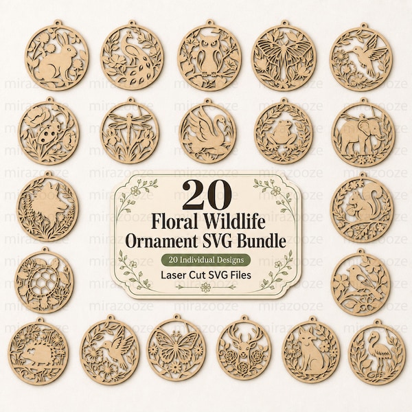 Paquete de 20 diseños SVG de adornos florales y de animales salvajes, adornos de animales cortados con láser, decoración colgante de madera, Glowforge, SVG DXF
