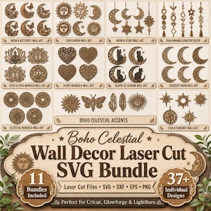 May include: A collection of laser-cut wooden wall art designs featuring celestial, floral, and animal motifs. The set includes suns, moons, stars, hearts, lotus flowers, cats, and butterflies, presented as digital files for crafting projects.