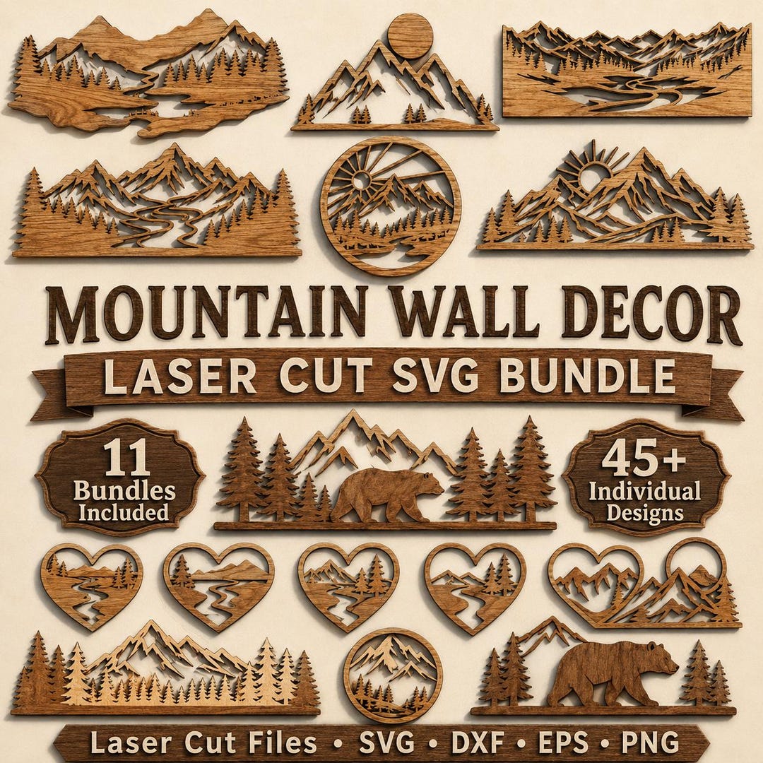 Scene Cutter Clacking Layered Mountain Wall Decor SVG Bundle, Forest Bear Scene, Laser Cut ...