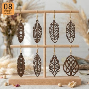 8 diseños de pendientes de madera con plumas estilo boho, corte láser SVG DXF PNG (descarga digital)