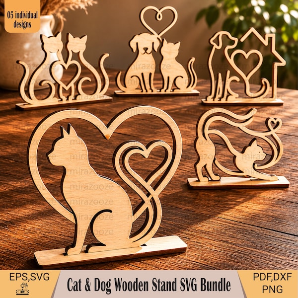 Paquete de archivos SVG de soportes de madera para gatos y perros, archivos de decoración para amantes de las mascotas cortados con láser (DXF, PNG)