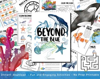 May include: A collection of educational printable activity sheets titled Beyond the Blue, featuring watercolor illustrations of a whale, jellyfish, and starfish, alongside ocean-themed mazes, word tracing, and coloring pages for preschool learning.