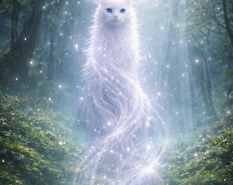 Ethereal Cat Dissolution Art Print, Mystical Forest Wall Art, Zen Decor (Digital Download)
