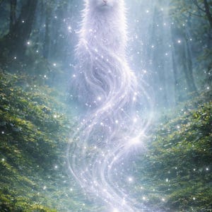May include: A digital art image of a white cat with blue eyes and a halo, emanating a glowing, ethereal light. The cat is set in a lush, green forest with sparkling particles, creating a mystical and enchanting scene.