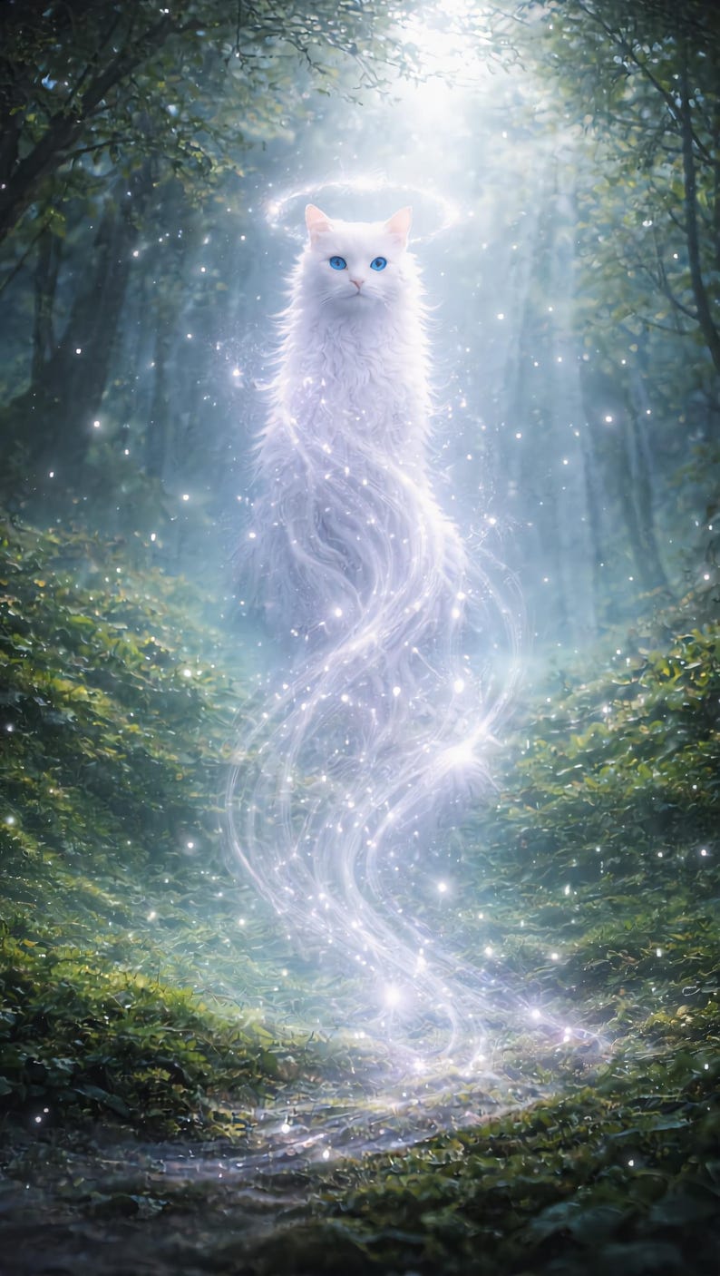 May include: A digital art image of a white cat with blue eyes and a halo, emanating a glowing, ethereal light. The cat is set in a lush, green forest with sparkling particles, creating a mystical and enchanting scene.