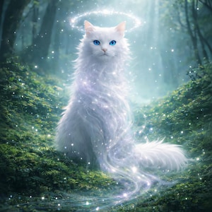 May include: A serene image of a white cat with bright blue eyes, sitting in a lush green forest. The cat has a glowing halo and sparkling details, creating a mystical and ethereal atmosphere. The artwork evokes a sense of fantasy and wonder.