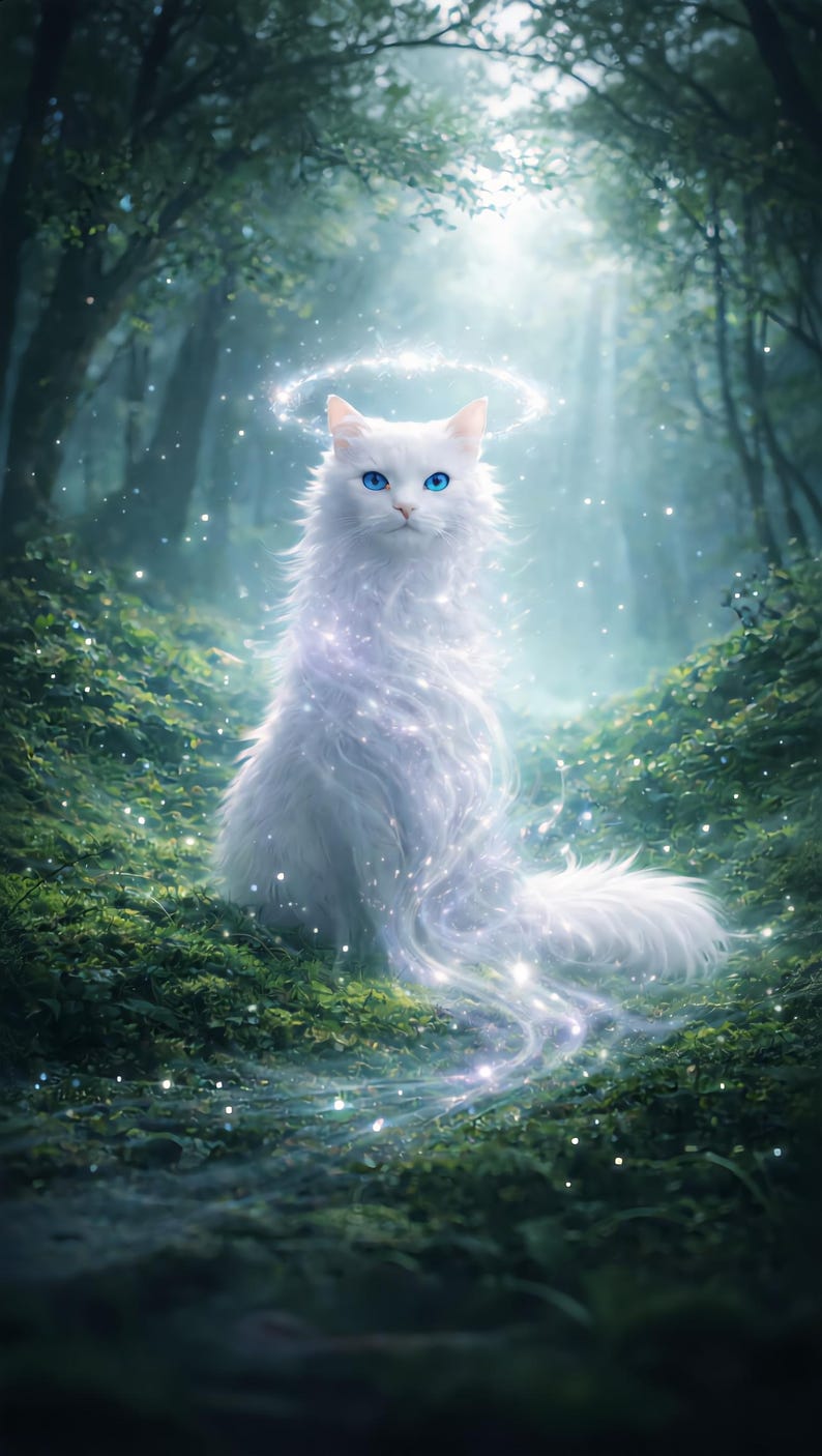 May include: A serene image of a white cat with bright blue eyes, sitting in a lush green forest. The cat has a glowing halo and sparkling details, creating a mystical and ethereal atmosphere. The artwork evokes a sense of fantasy and wonder.