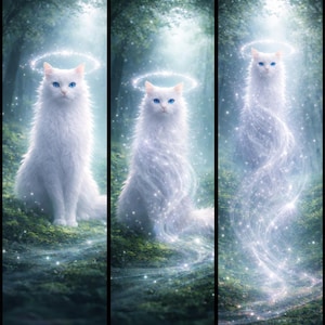 May include: A triptych image featuring a white cat with blue eyes and a glowing halo. The cat appears in three stages: Presence, Transformation, and Transcendence, with a forest background and the text "VELARIS: SERENITY".