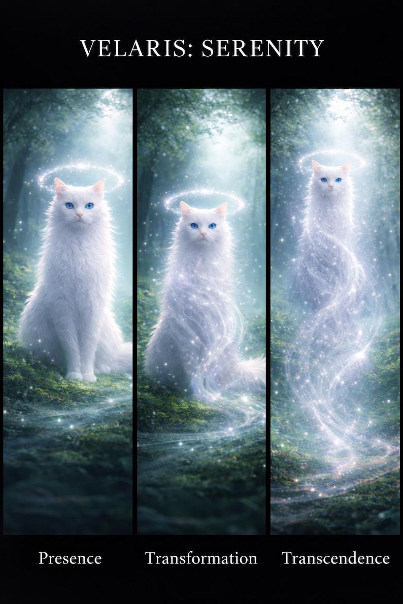 May include: A triptych image featuring a white cat with blue eyes and a glowing halo. The cat appears in three stages: Presence, Transformation, and Transcendence, with a forest background and the text "VELARIS: SERENITY".